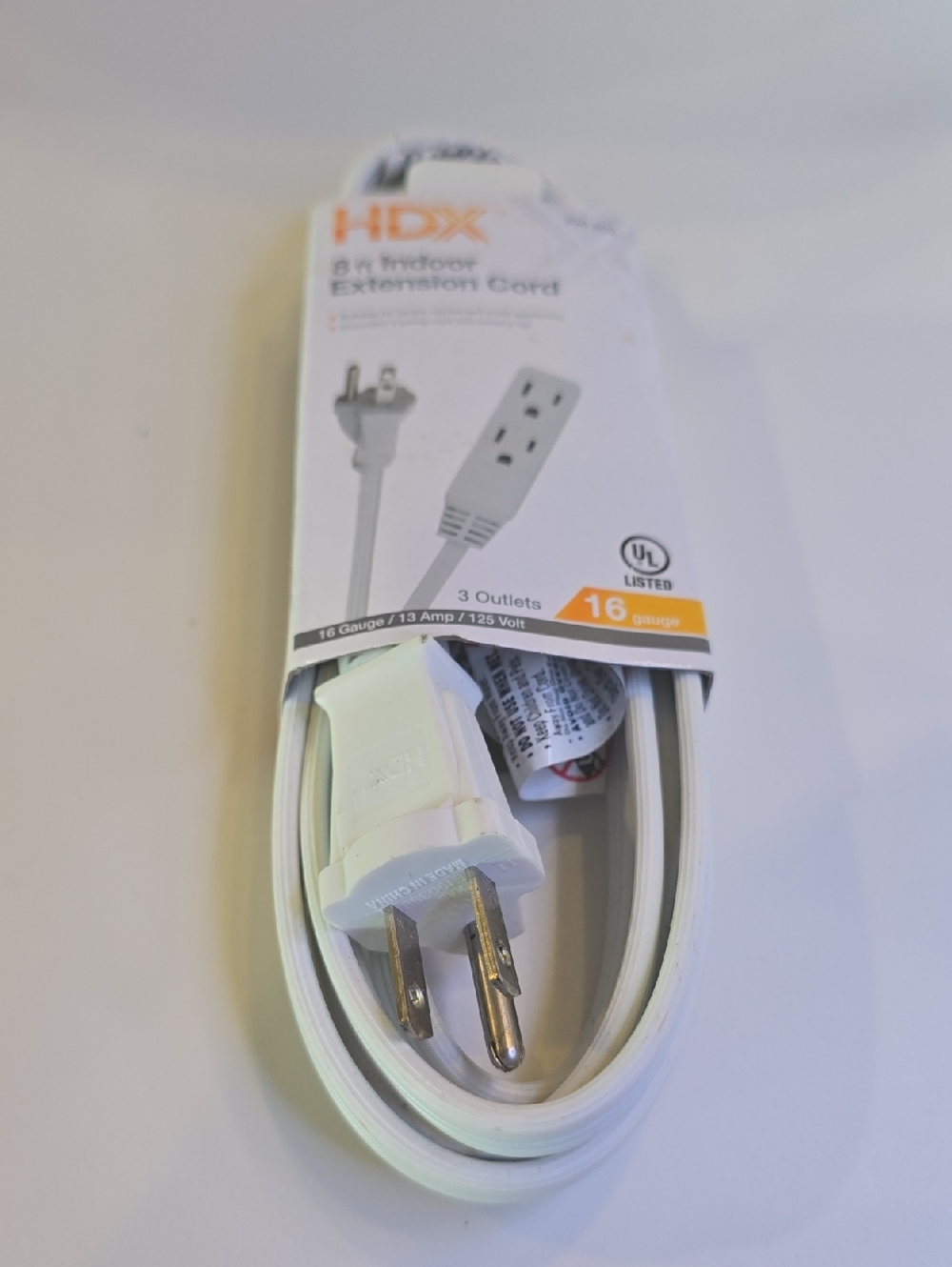 White 8 ft Indoor Extension Cord - 3-Outlet, 16 Gauge